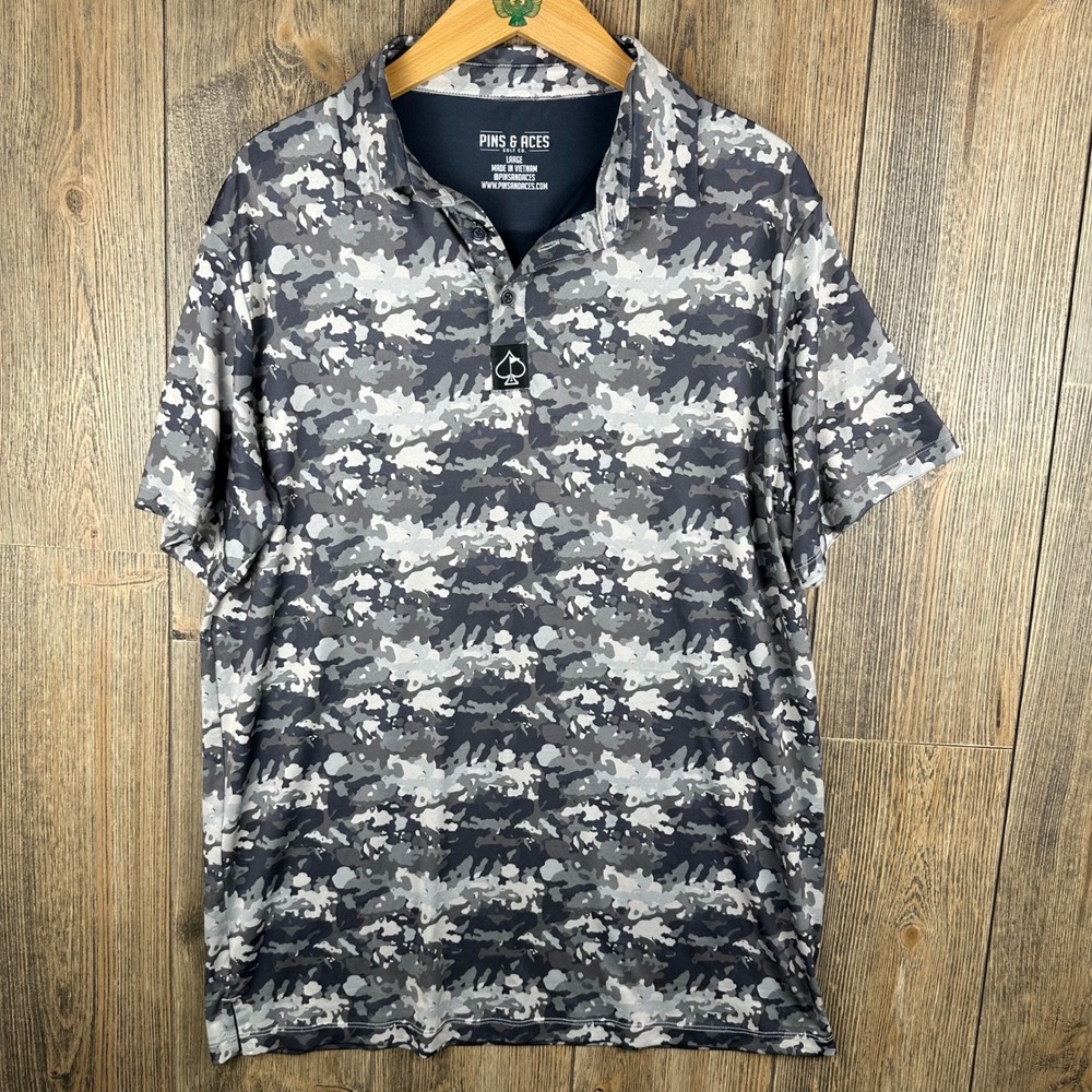 Pins & Aces Mens Gray Camo Performance Golf Polo Shirt Large Spade Logo